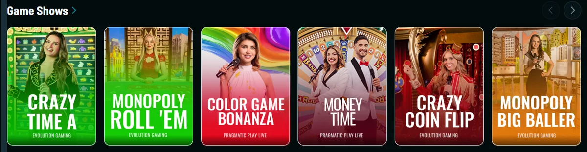 Live game show tiles Crazy Time, Monopoly Roll Em, Color Game Bonanza, Money Time and Crazy Coin Flip